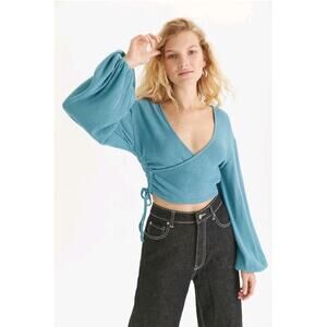 Urban Outfitters Addie Cozy Wrap Crop Top Size M Green Puff Long Sleeves Boho